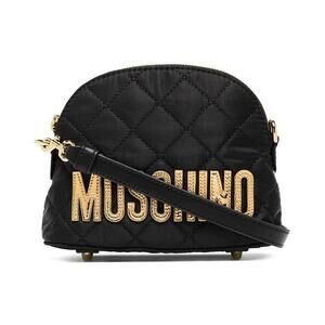 Moschino Black Gold Logo Patch Quilted Nylon Small Mini Crossbody Shoulder Bag